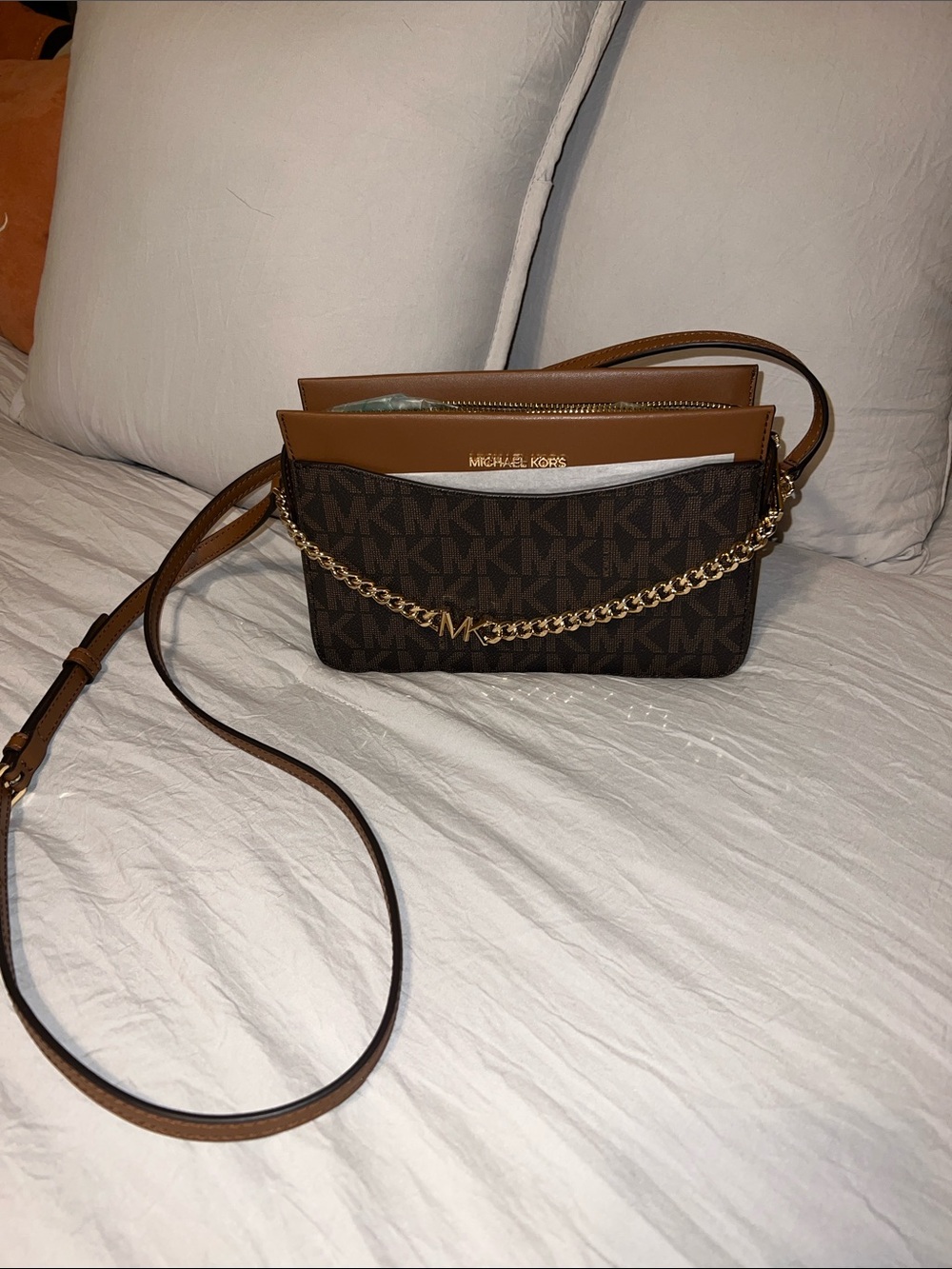 Michael Kors Brown MK Logo Crossbody Bag with Gold Chain NWT